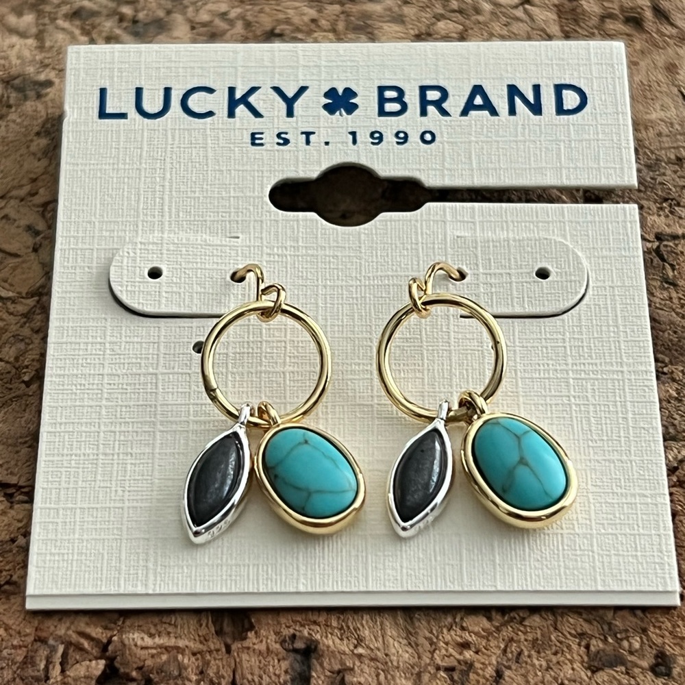 Lucky Brand gold tone earrings with black and turquoise stones. NWT